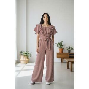 Eva France Womens Chic Jumpsuit S Brick Red White Striped Sleeveless Wide Leg